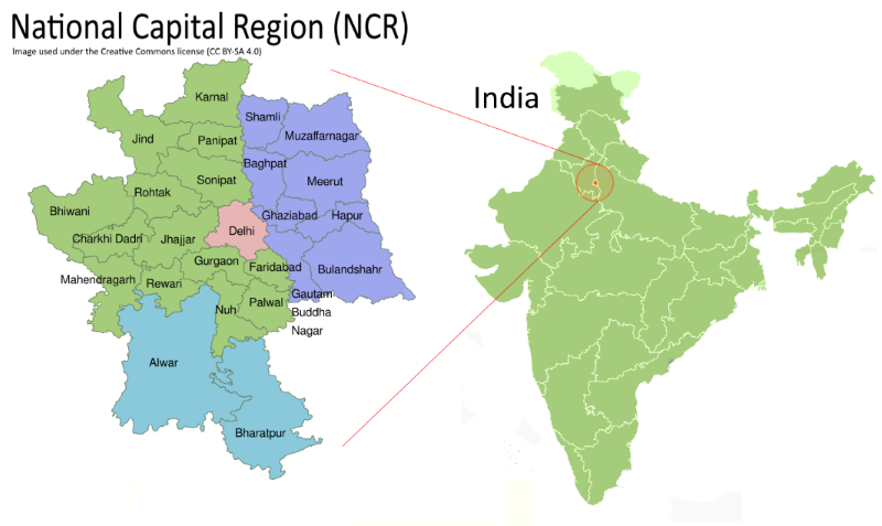 Map of the National Capital Region and its location in northern India.